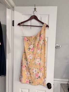 Abercrombie Floral One Shoulder Mini Dress Yellow Linen Blend NWT Medium